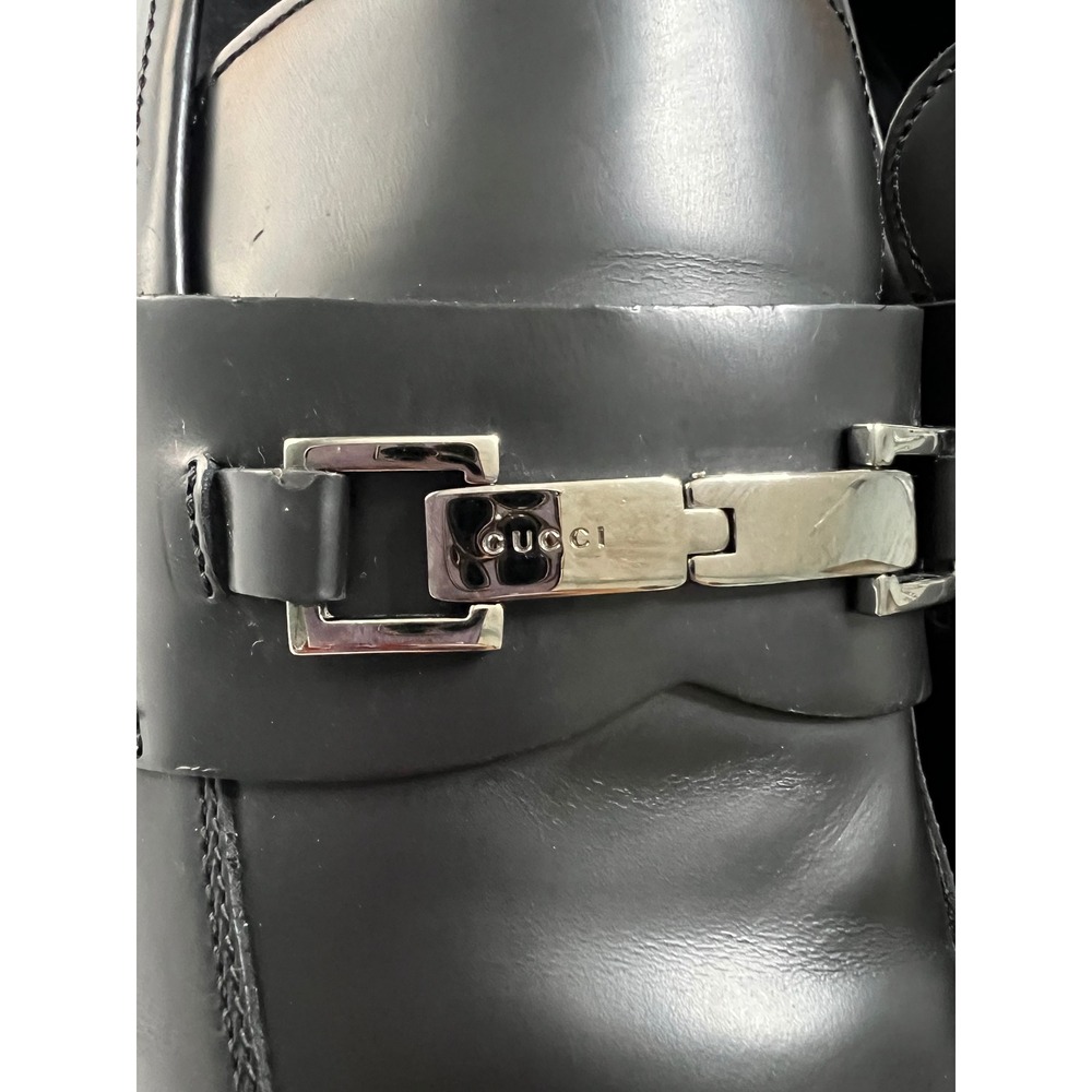 Vintage Gucci Mens Black Leather Loafers Dress Shoes Silver Buckle Italy Size 11 - Picture 2 of 9